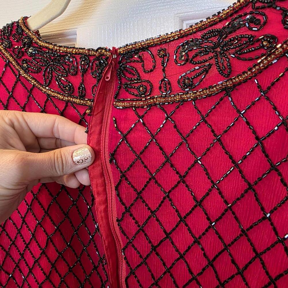 Papell Boutique Evening Beaded Silk Top in Red & Black- Size XL - Picture 5 of 8